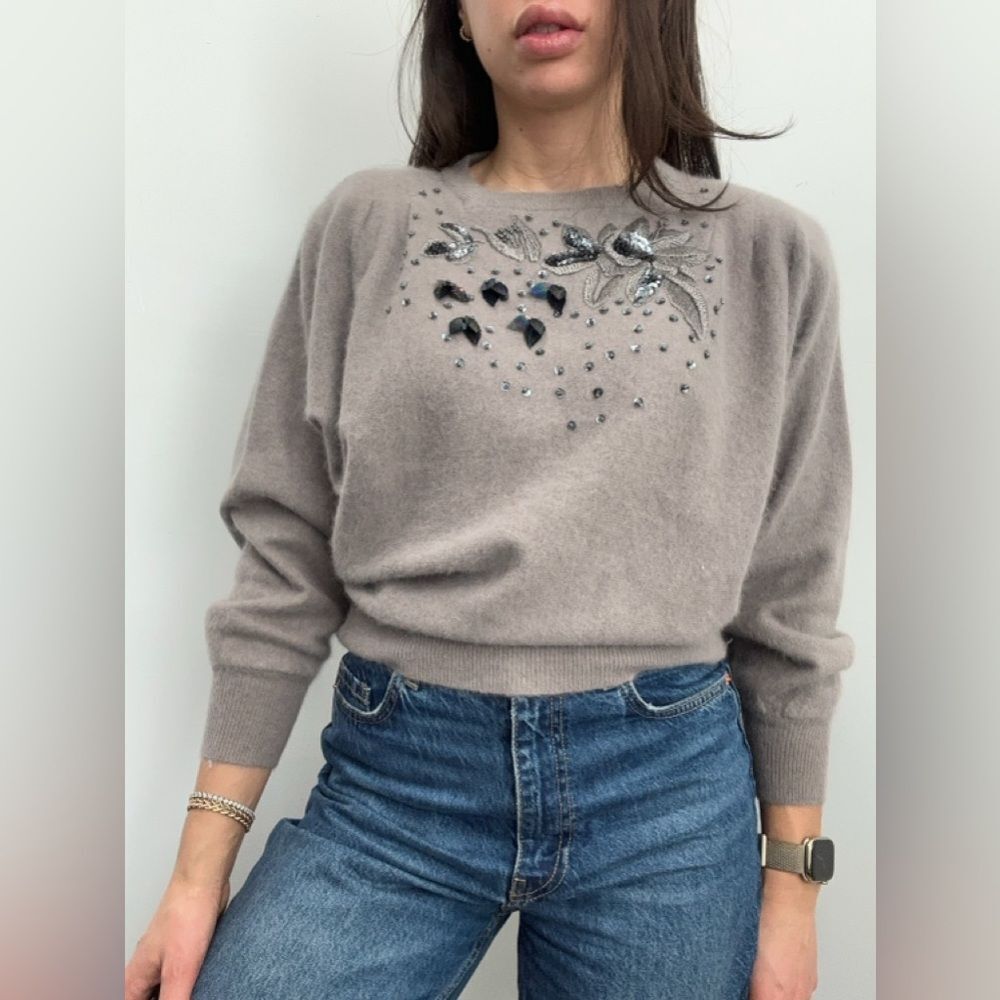 Vintage Mauve Purple Lambswool Angora Cropped Sweater Embroidered Crew Neck S
